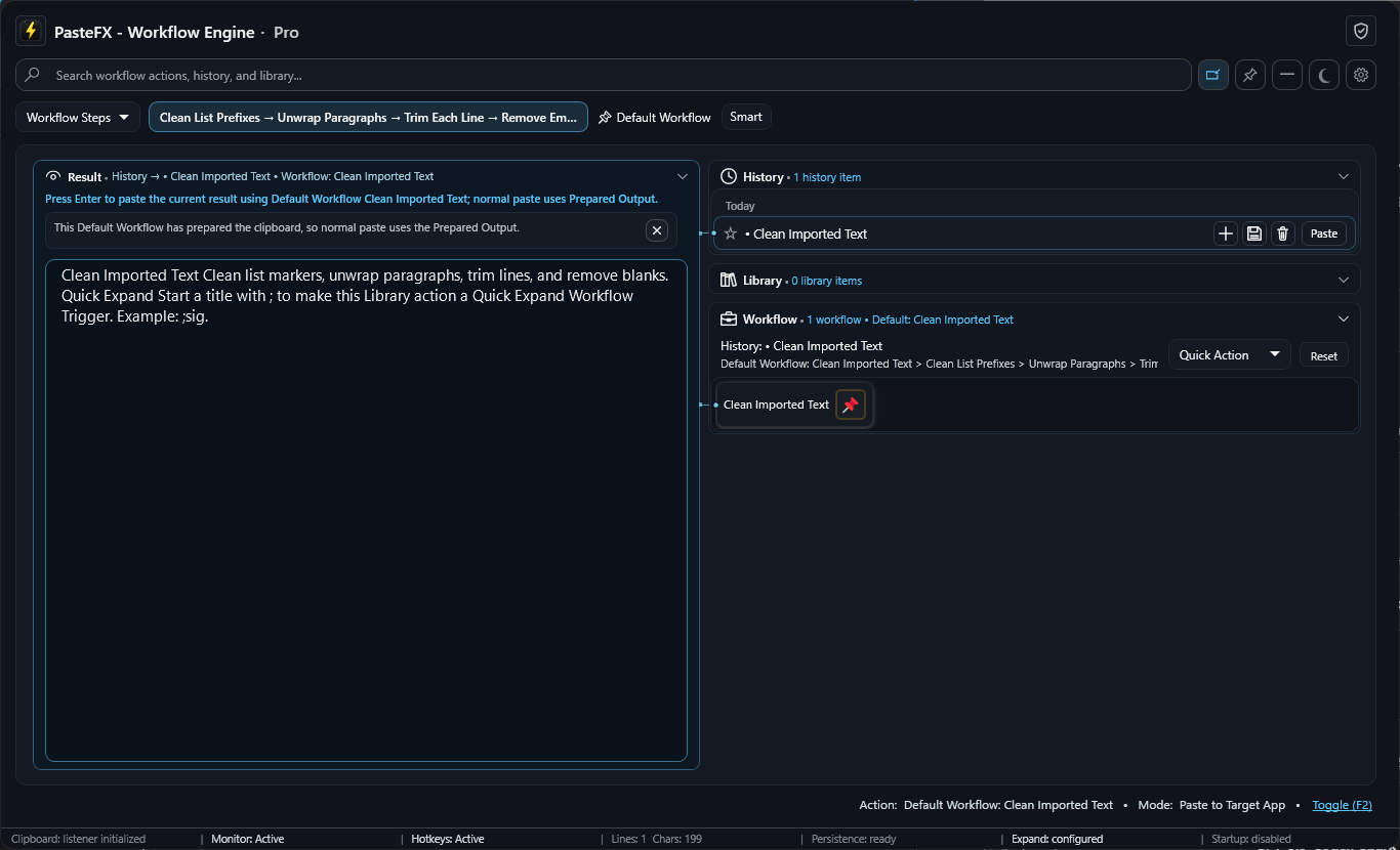 PasteFX showing Clean Imported Text as the active Default Workflow and a prepared clean result.