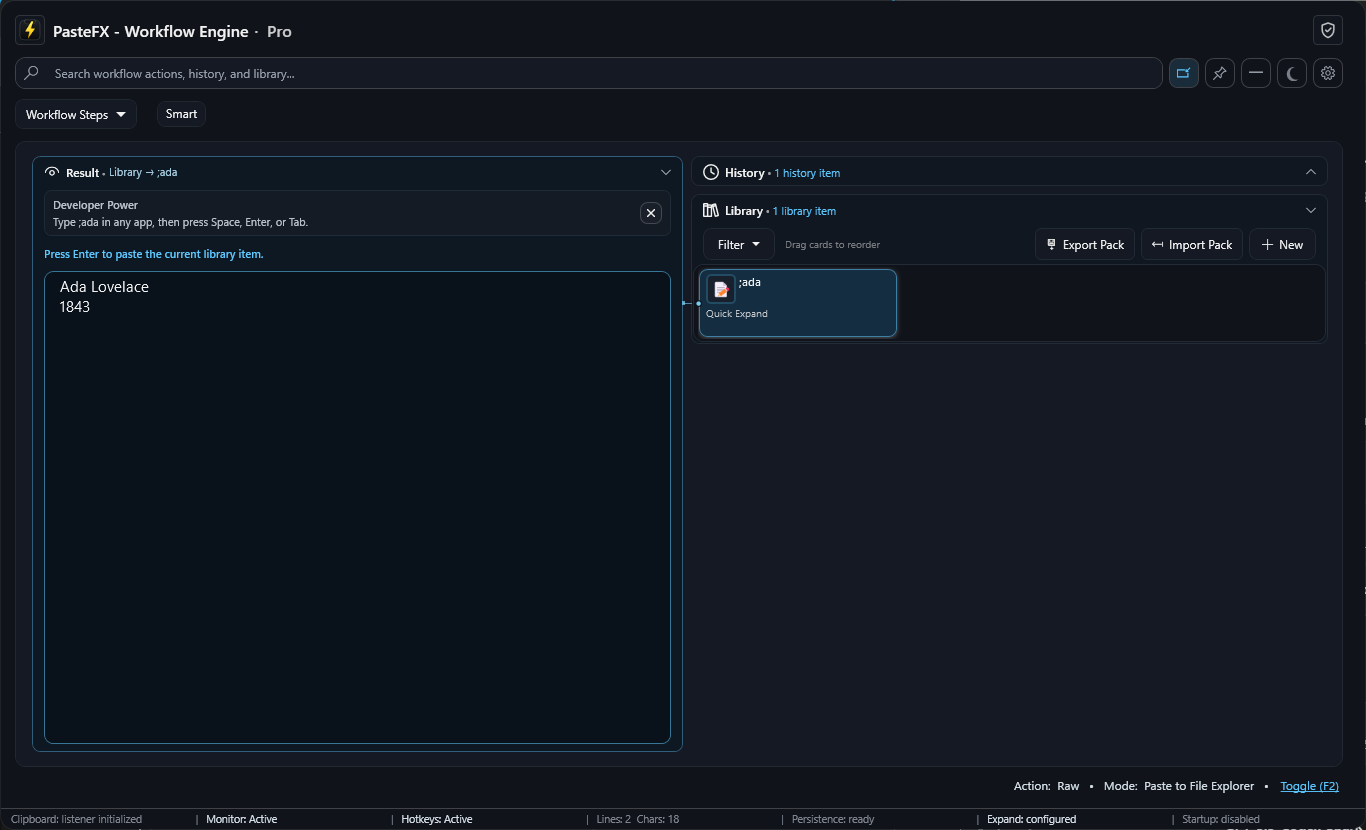 PasteFX showing a selected ;ada Quick Expand Library item and its reusable result.